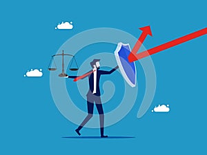 Protect business justice. Businessman with shield protecting scales from arrow attack