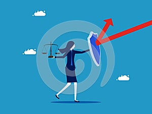 Protect business justice. Businesswoman with shield protecting scales from arrow attack