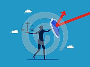 Protect business justice. man with shield protecting scales from arrow attack