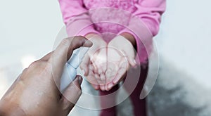 Protect and clean hand with alcohol spray on coronavirus pamdemic