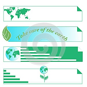 Protect the environment and the earth. Earth and green leaves on a white background. Green Planet. 4 Banners for the