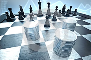 Protect investment against black chess pieces on a blue infographic background
