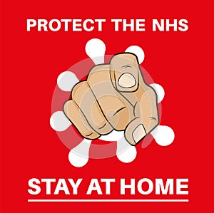 Protect The NHS - Stay At Home pointing hand with COVID logo vector Illustration on a red background photo