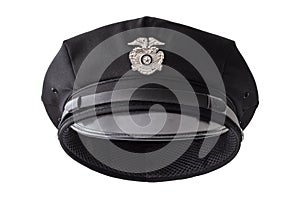 Protect and serve, law enforcement and american cop concept police officer hat isolated on white background with clipping path cut
