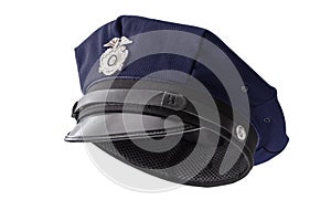 Protect and serve, law enforcement and american cop concept police officer hat isolated on white background with clipping path cut