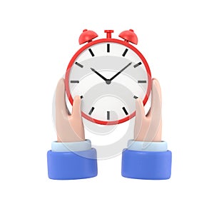 Protect time. Save time concept. Businessman in hands is holding a watch,alarm clock. 3d illustration flat design. Save clock.