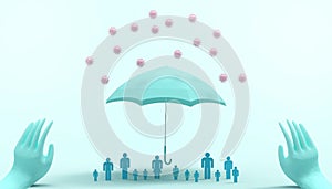 Protect Virus Pathogens and Concept umbrella Security of germs from contacting people and communities on Blue