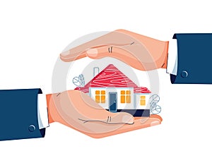 Protect your home vector illustration. Businessman's hands are covering property. Real estate, housing, mortgage