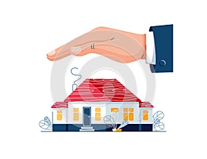 Protect your home vector illustration. Male hand is protecting the house building. House insurance, real estate