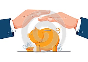 Protect your money concept. Businessman is holding hands over the piggy bank to protect savings. piggy bank, financial