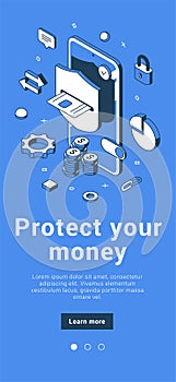 Protect your money internet banking mobile application isometric vector illustration