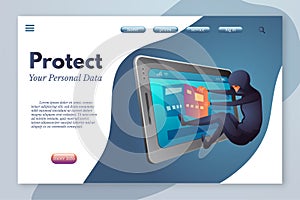 Protect your personal data landing page template. Cyber crime, law break flat vector illustration