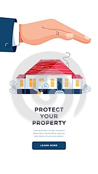 Protect your Property concept. Insurance agent is holding hand over the house to protect. Concept Security of Property