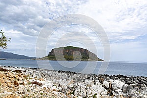 Protected ancient fortress on island rock Monemvasia, view from mainland, Peloponnese treasures, Greece