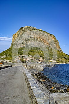 Protected ancient fortress on island rock Monemvasia, view from mainland, Peloponnese treasures, Greece