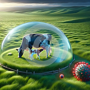 Protected Cattle in Blue Light Dome: Symbolizing Disease Immunity, Vaccination, and Resilience