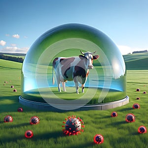 Protected Cattle in Blue Light Dome: Symbolizing Disease Immunity, Vaccination, and Resilience