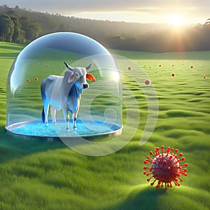 Protected Cattle in Blue Light Dome: Symbolizing Disease Immunity, Vaccination, and Resilience