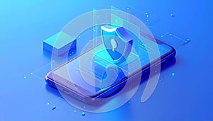 Protected device with shield icon. Smartphone authorization Digital security on blue