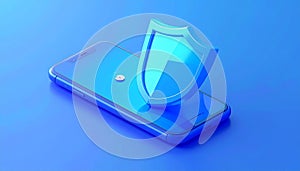 Protected device with shield icon. Smartphone authorization Digital security on blue