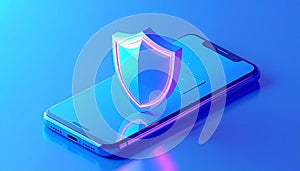 Protected device with shield icon. Smartphone authorization Digital security on blue