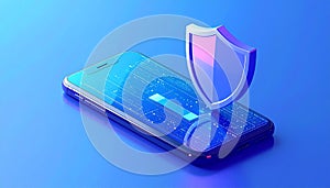 Protected device with shield icon. Smartphone authorization Digital security on blue