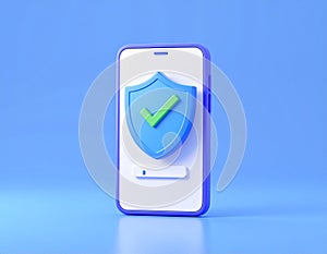 Protected device with shield icon. Smartphone authorization Digital security on blue