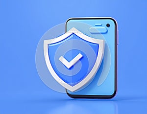 Protected device with shield icon. Smartphone authorization Digital security on blue