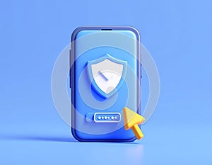 Protected device with shield icon. Smartphone authorization Digital security on blue