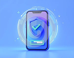 Protected device with shield icon. Smartphone authorization Digital security on blue