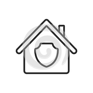 Protected house, icon in line design. Protected, house, security, home, shield, safe, lock on white background vector photo