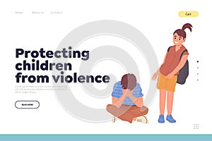 Protecting children from violence landing page with girl student harassing sad boy classmate