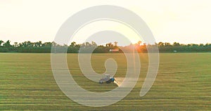 Protecting fields from pests. Large wheat field drone view. A tractor sprays a wheat field, a top view.