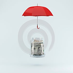 Protecting money concept by red umbrella on pastel blue background. minimal concept idea. Business concept