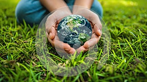 Protecting Our Planet: Hands Holding Earth on Green Grass Background for Environmental Concept