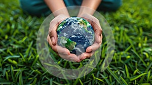 Protecting Our Planet: Hands Holding Earth on Green Grass Background for Environmental Concept