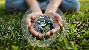 Protecting Our Planet: Hands Holding Earth on Green Grass Background for Environmental Concept