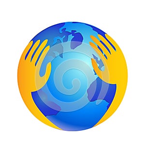 Protecting world with hands over logo