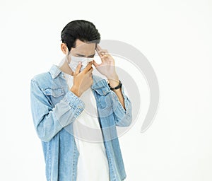 Protection against contagious disease, coronavirus.Asian Man wear mask and couch prevent infection,airborne illness as flu and