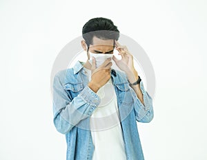 Protection against contagious disease, coronavirus.Asian Man wear mask and couch prevent infection,airborne illness as flu and