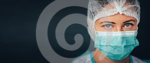 Protection against contagious disease, coronavirus. Female doctor wearing hygienic face surgical medical mask. Banner panorama