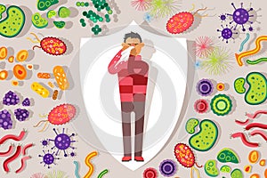 Protection against germs and viruses, sick people vector illustration. Cold man with handkerchief sneezing, red nose