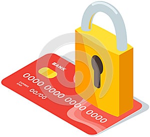 Protection of banking data of users of financial system, personal data. Padlock is on bank card