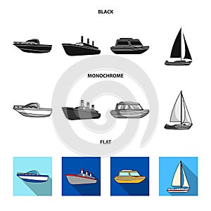 Protection boat, lifeboat, cargo steamer, sports yacht.Ships and water transport set collection icons in black, flat