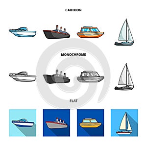 Protection boat, lifeboat, cargo steamer, sports yacht.Ships and water transport set collection icons in cartoon,flat