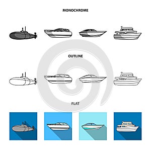 Protection boat, lifeboat, cargo steamer, sports yacht.Ships and water transport set collection icons in flat,outline