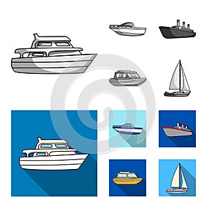 Protection boat, lifeboat, cargo steamer, sports yacht.Ships and water transport set collection icons in monochrome,flat