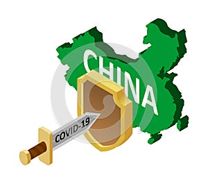 Protection of China from coronavirus covid-19. A coronavirus in the form of a sword attacks the country of China, protected by a