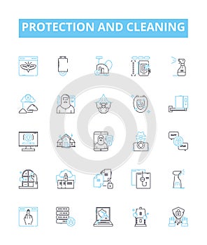 Protection and cleaning vector line icons set. Protection, cleaning, shielding, preserving, guarding, securing