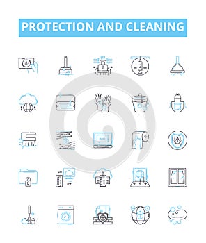 Protection and cleaning vector line icons set. Protection, cleaning, shielding, preserving, guarding, securing